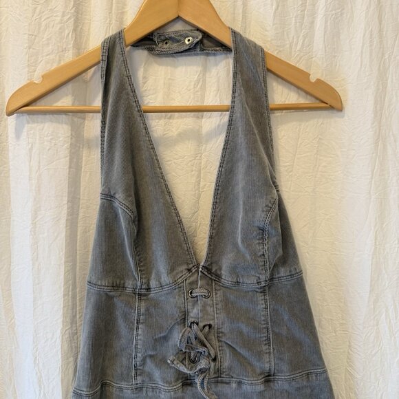 Urban Outfitters Alejandra Grey Corduroy Halter Open Back Mini Dress Size Large - Picture 2 of 7